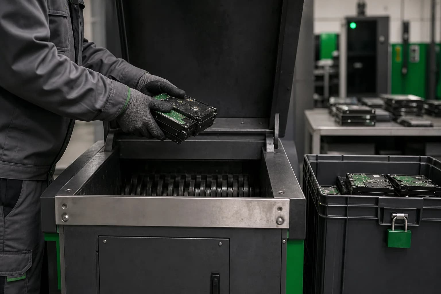 Technician securely loading hard drives into industrial destruction equipment